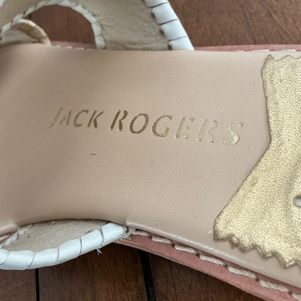 Jack Rogers Georgica Slide Sandals Gold White Metallic Whipstitch Floral Mens 6M - Picture 8 of 8
